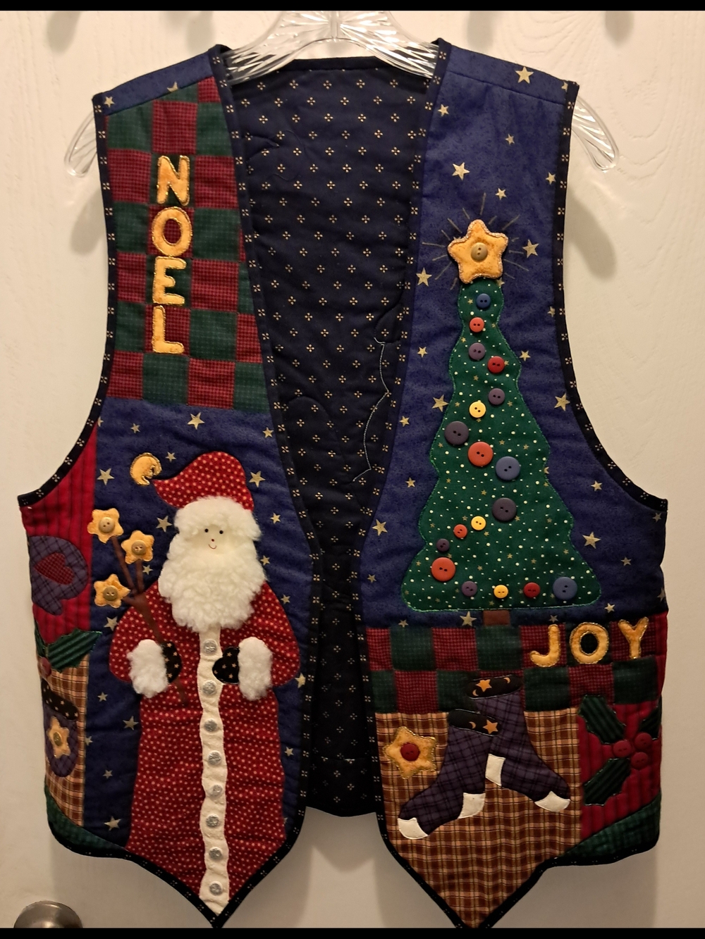 Holiday Embroidered Navy and Red Christmas Vest with Noel & Joy